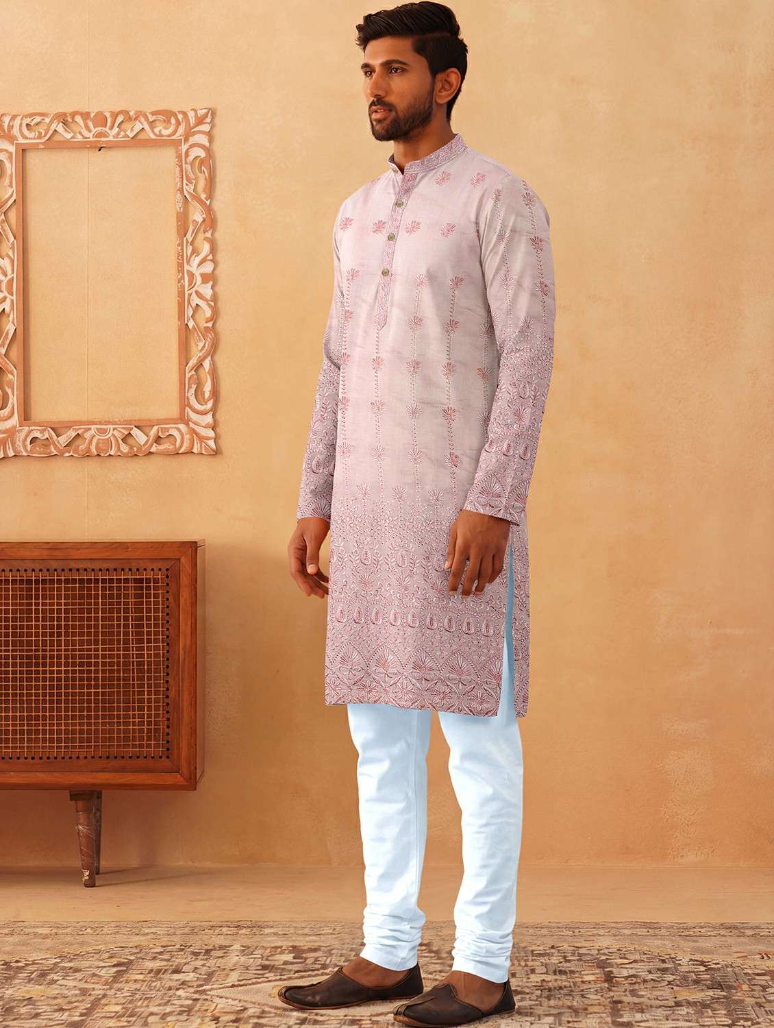 men solid with work mandarin neck kurta pyjama set - 22494819 -  Standard Image - 3