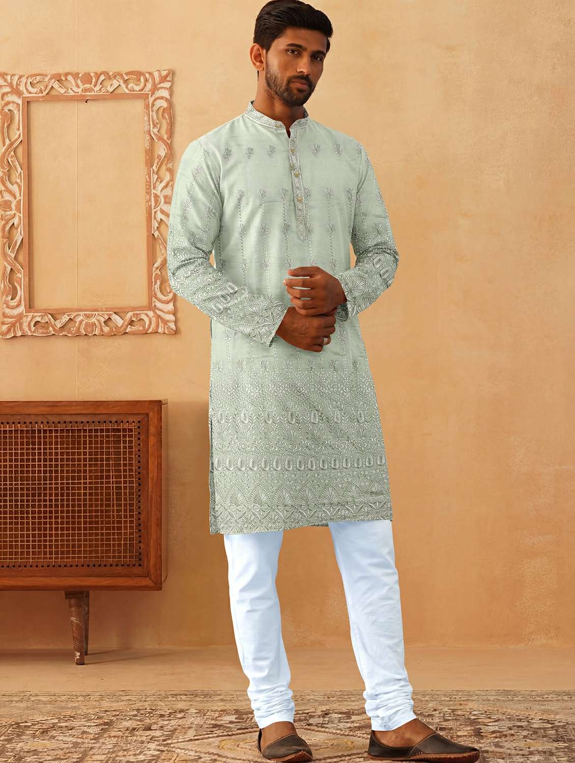 men solid with work mandarin neck kurta pyjama set