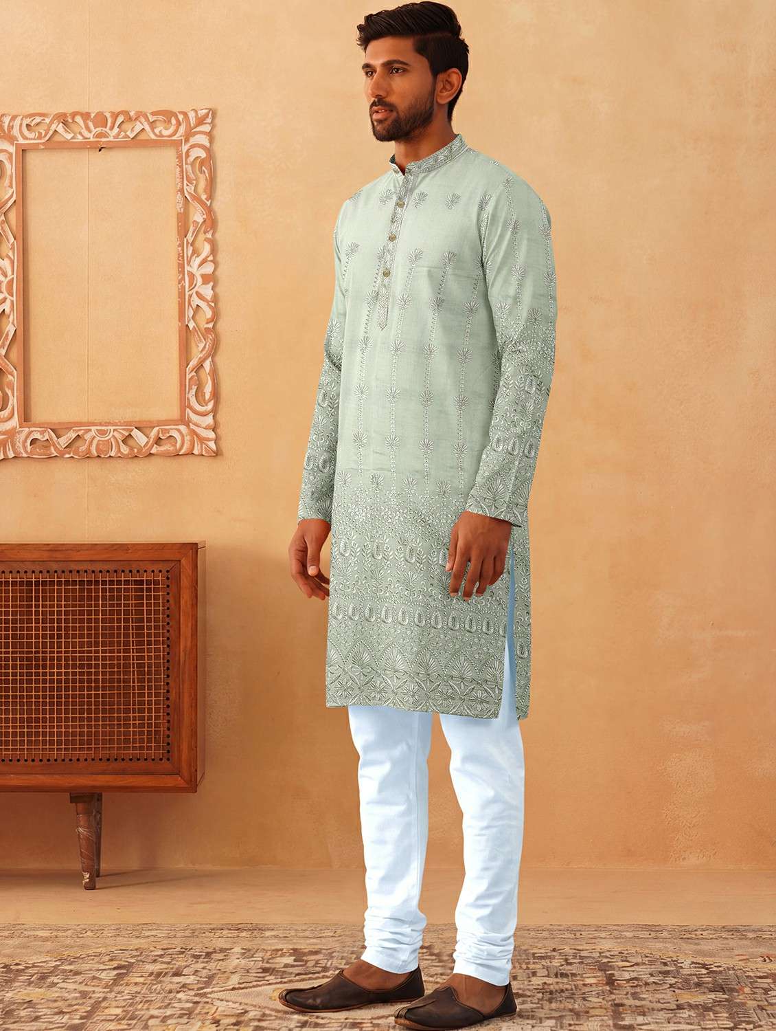 men solid with work mandarin neck kurta pyjama set - 22494820 -  Standard Image - 3