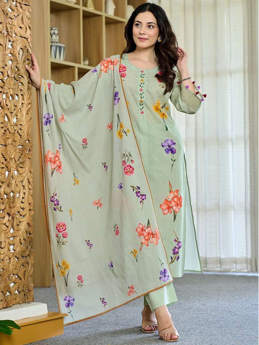 women floral round neck kurta pant with dupatta set