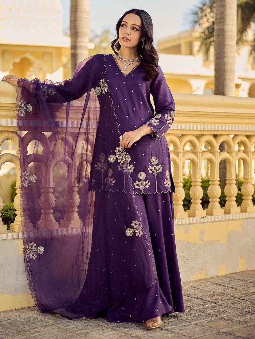 women embroidered three quarter sleeve kurta palazzo with dupatta set