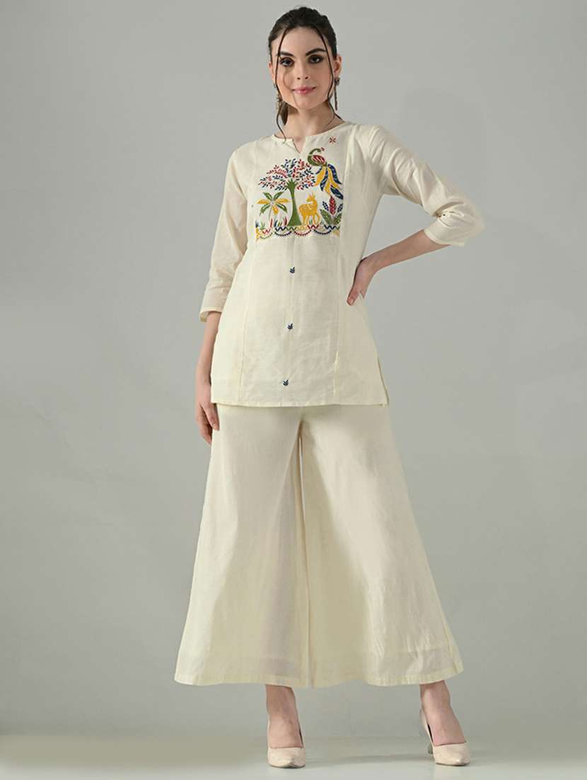 women embroidered notch neck top and palazzo co-ord set