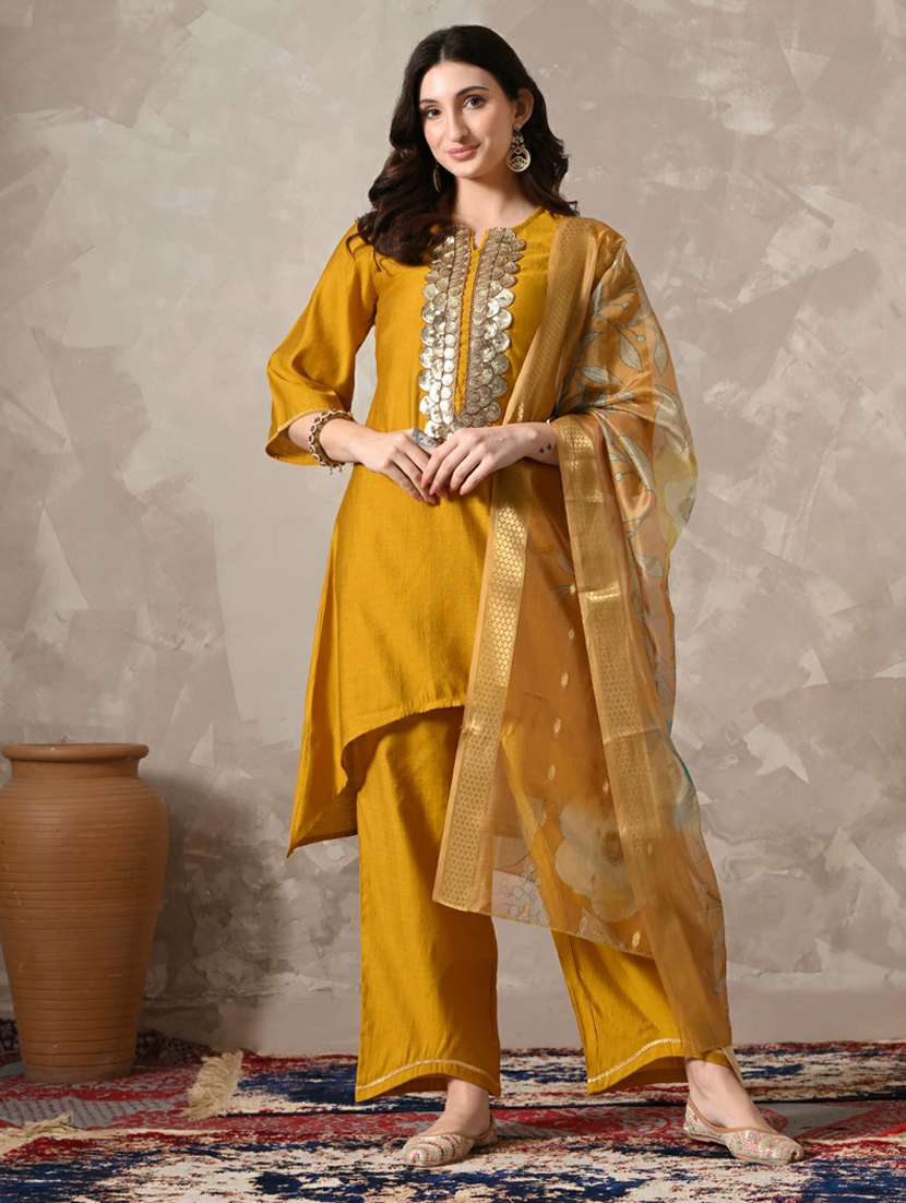 women solid with work kurta pant set with dupatta