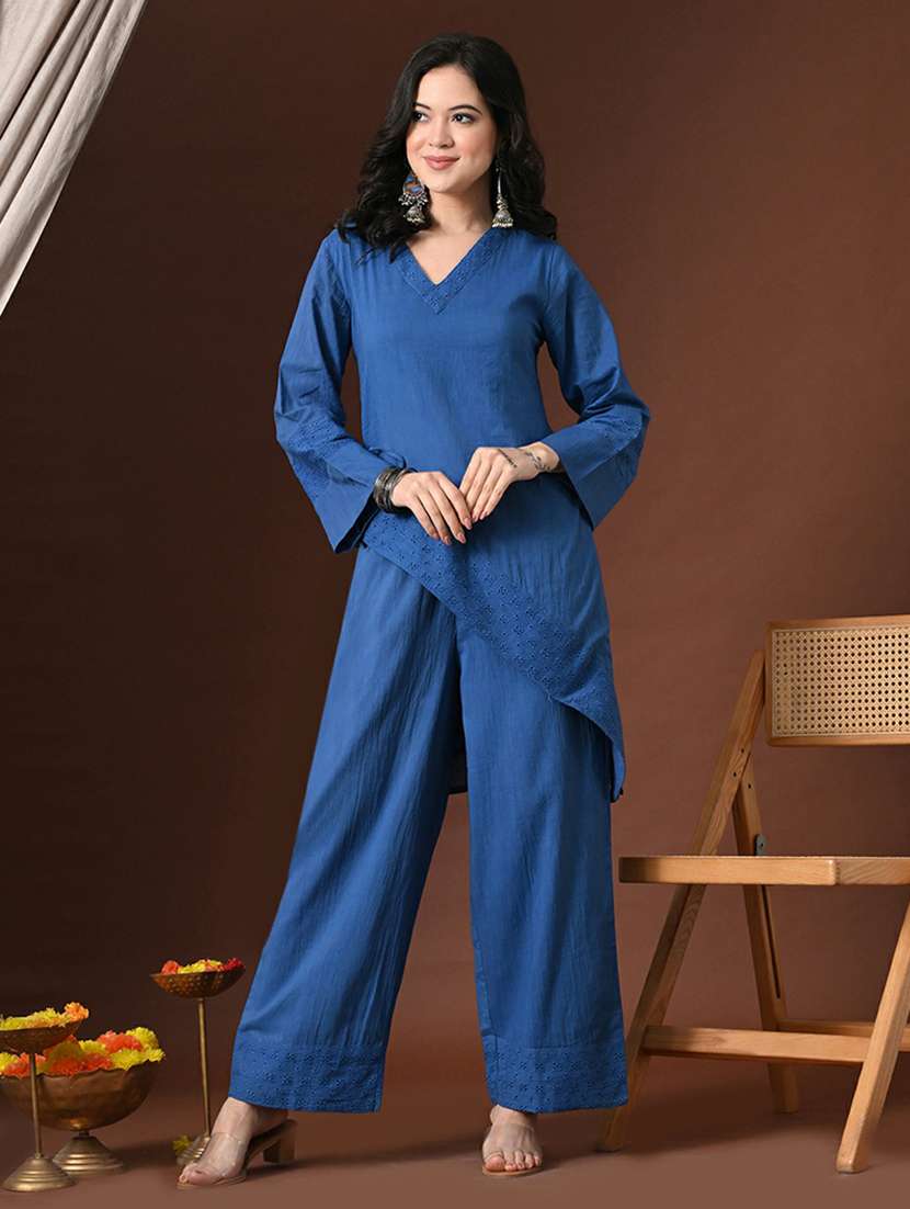women self design asymmetric kurta and pant co-ord set