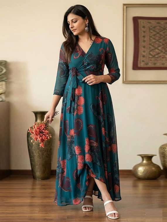 women printed v neck fit and flare dress