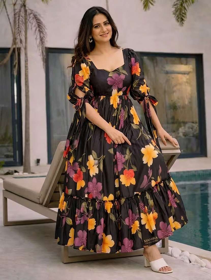 girls black floral rayon maxi tiered dress with puff sleeves