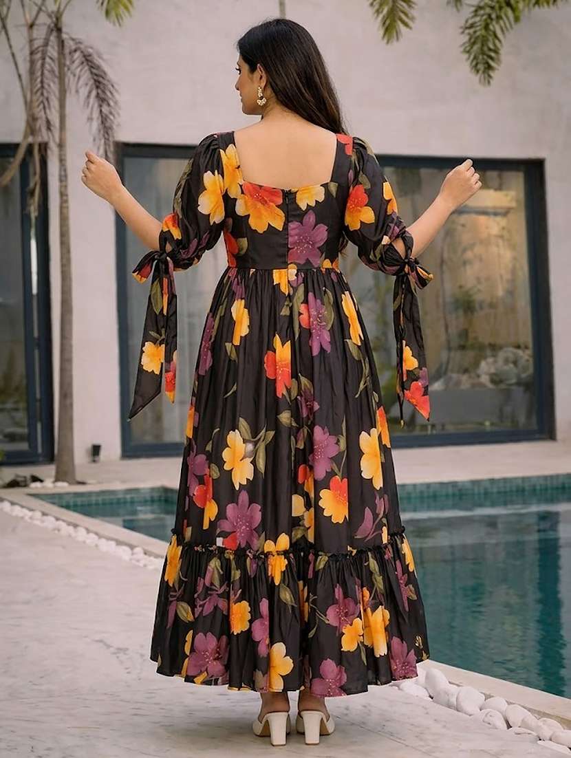 girls black floral rayon maxi tiered dress with puff sleeves - 22494895 -  Standard Image - 3