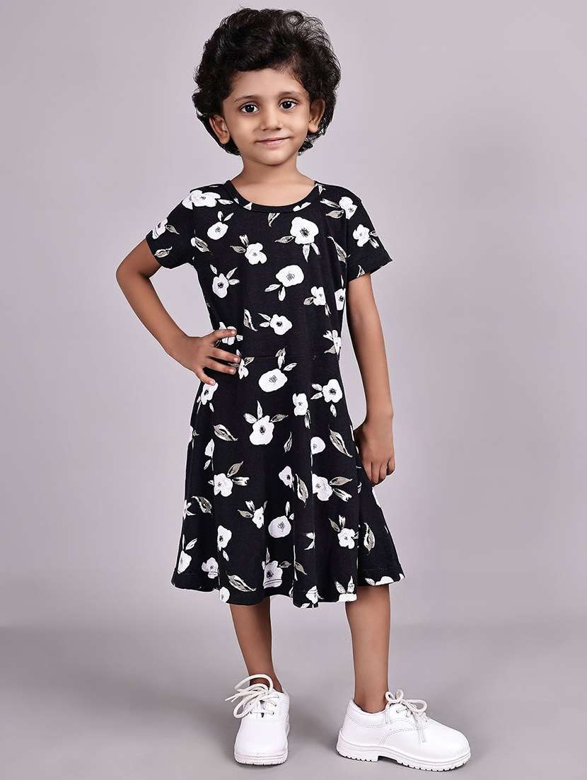 girls black floral print fit and flare cotton dress