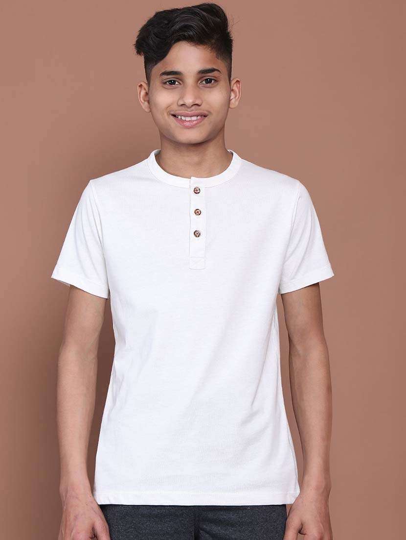 boys white cotton solid henley neck short sleeve t-shirt