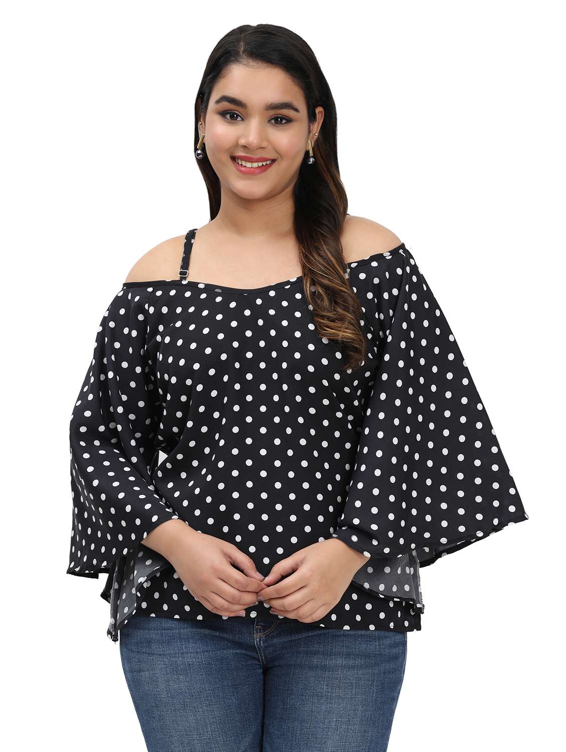 women polka dots cold shoulder top