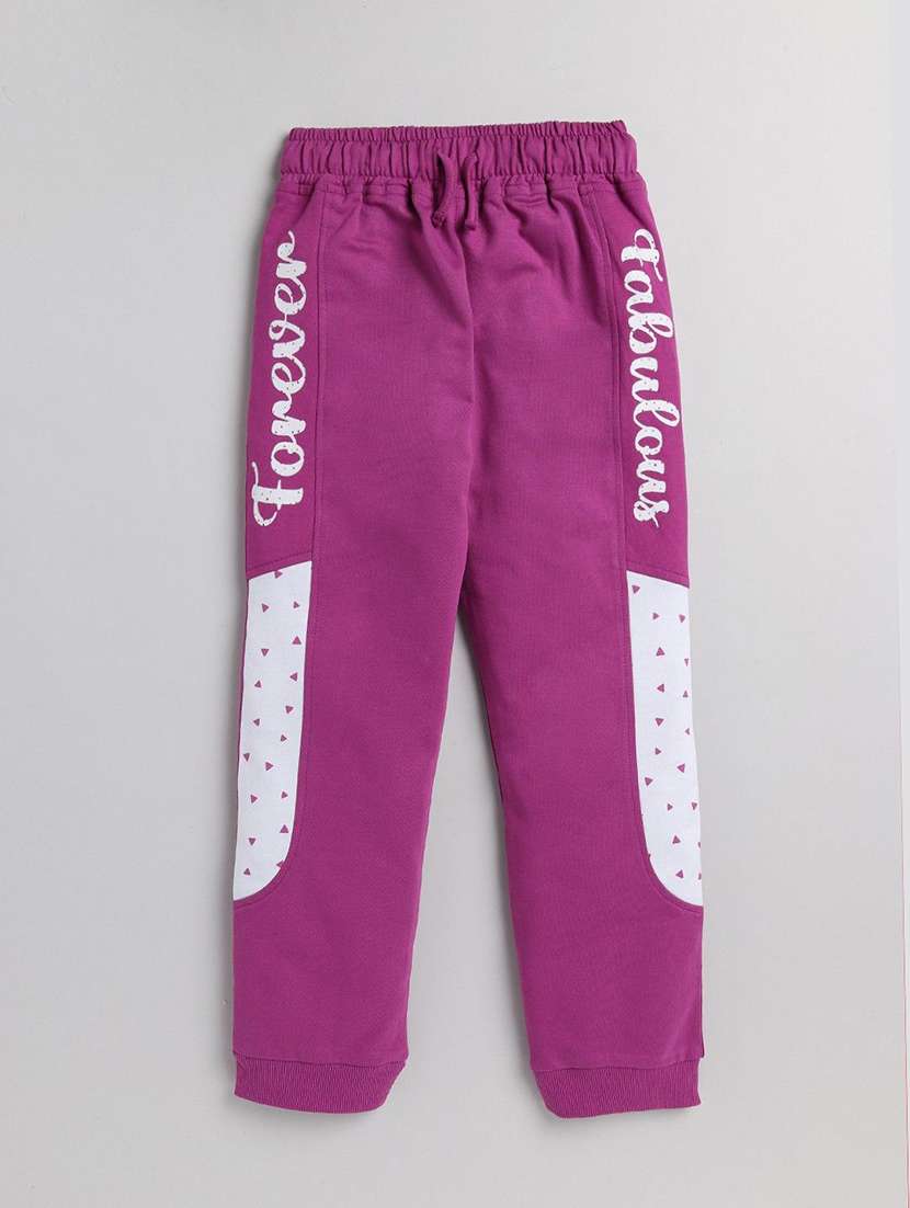 pink printed cotton blend girls trousers