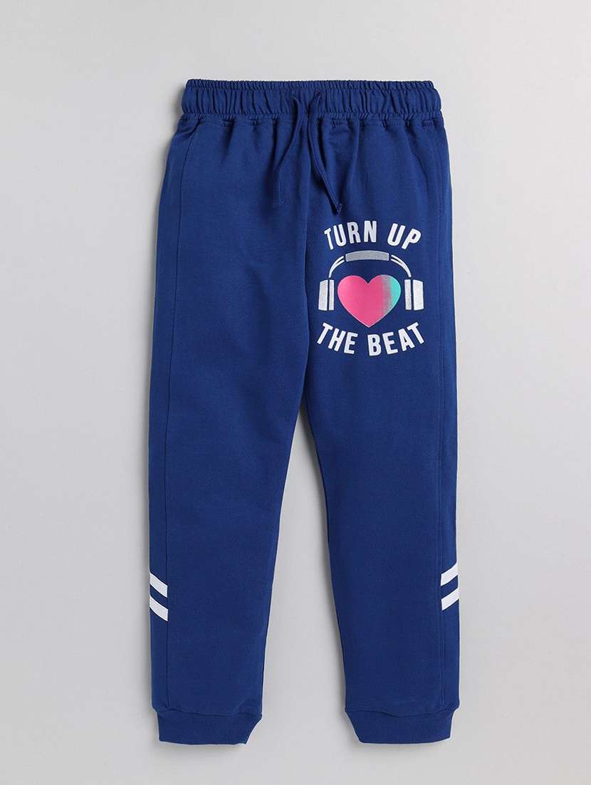 girls navy blue printed cotton blend track pant