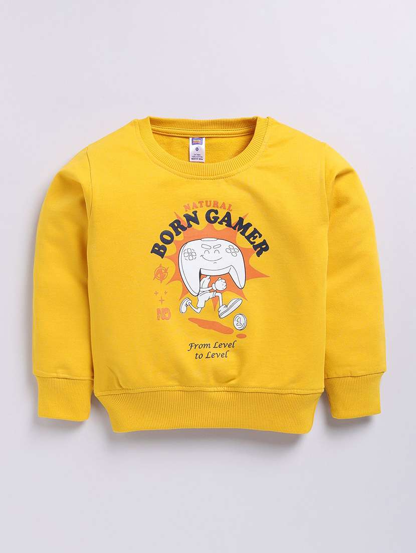 boys yellow cotton blend graphic print round neck sweatshirt