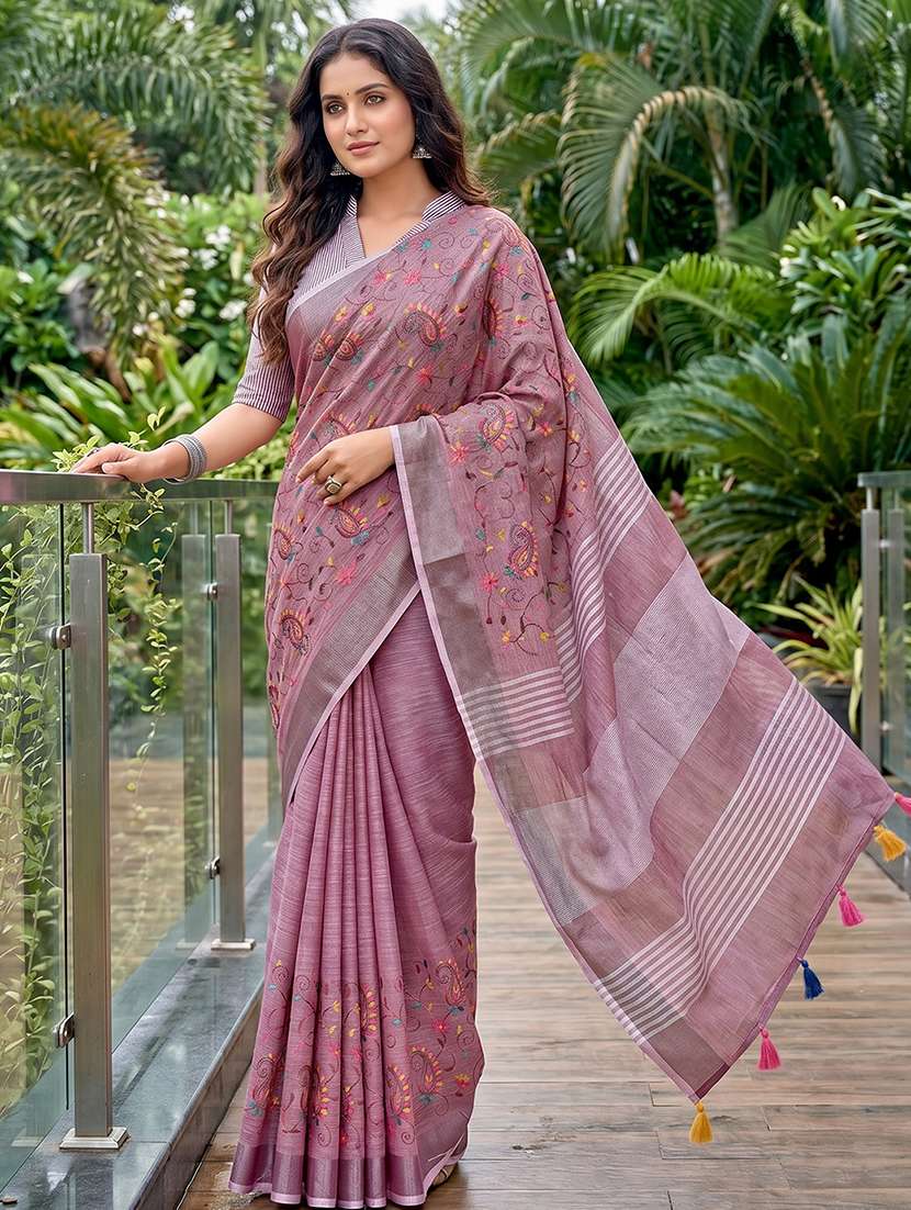 women solid with work embroidered saree with blouse