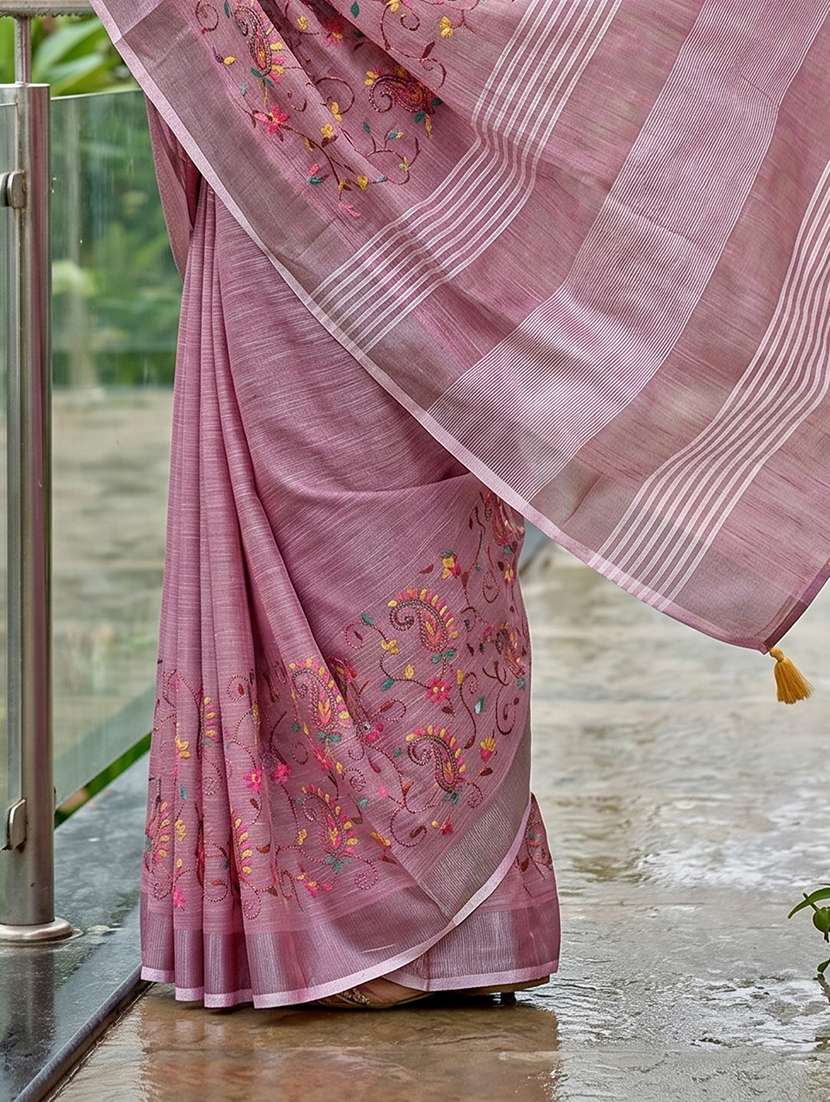 Women Solid With Work Embroidered Saree With Blouse - 22495281 -  Standard Image - 3