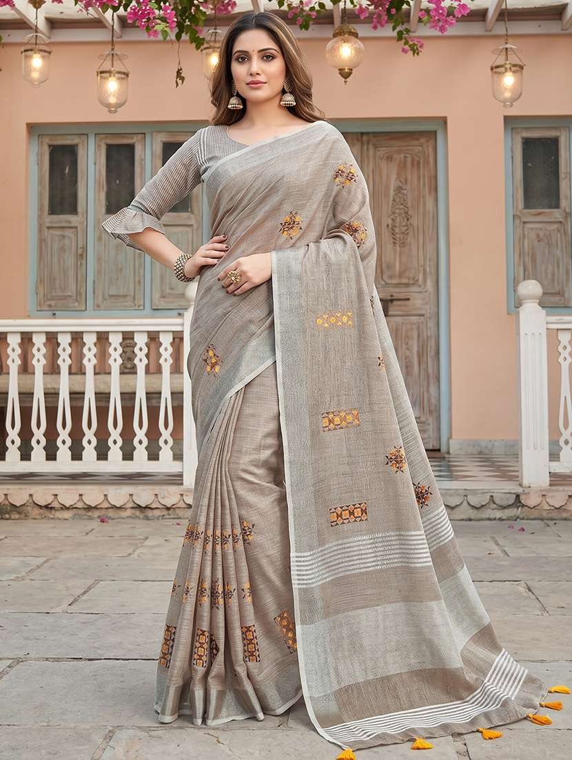 women solid with work embroidered saree with blouse