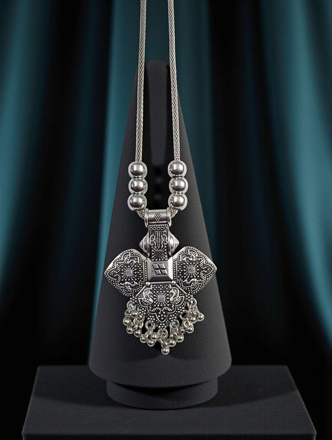Oxidised Silver Big Pendant Necklace Chain With Balls - 22495396 -  Standard Image - 3