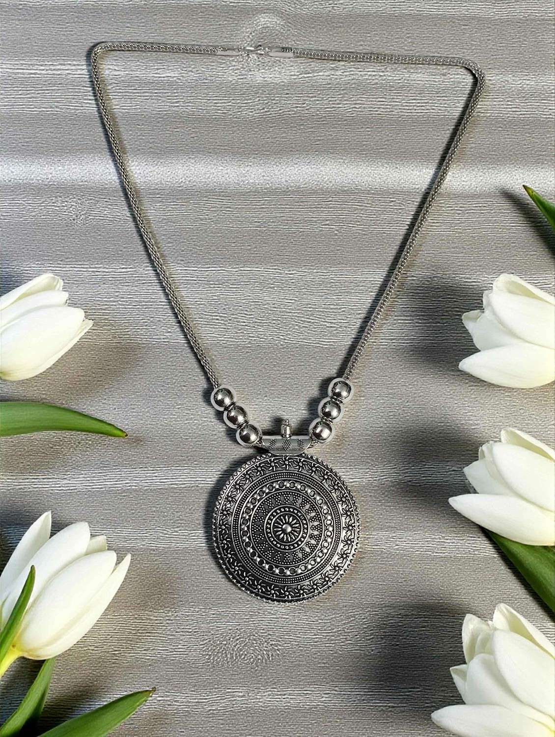 antique silver oxidised big pendant necklace chain for women