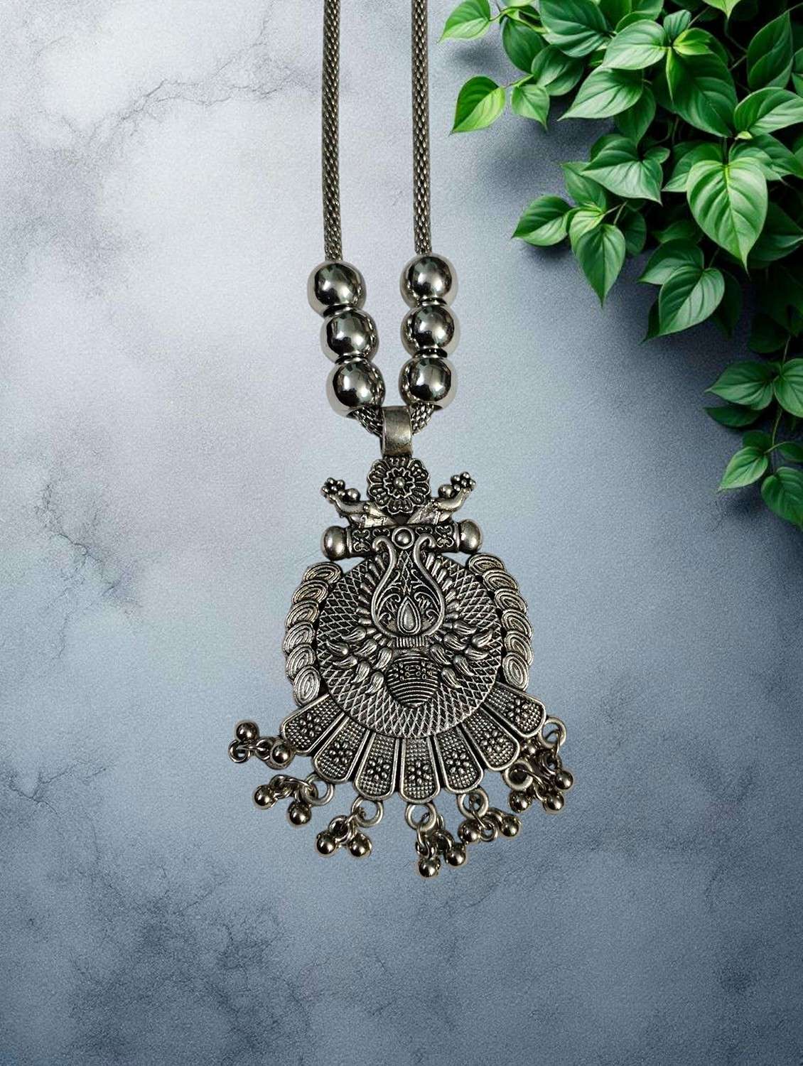 Artificial Oxidised Traditional Silver Big Pendant Necklace - 22495405 -  Standard Image - 3