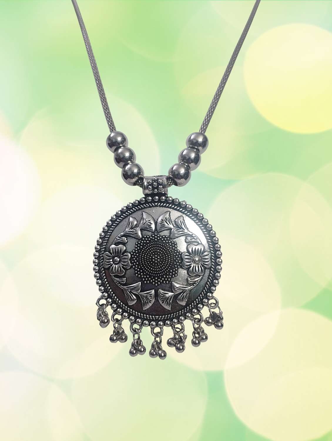 artificial oxidised silver big pendant necklace chain