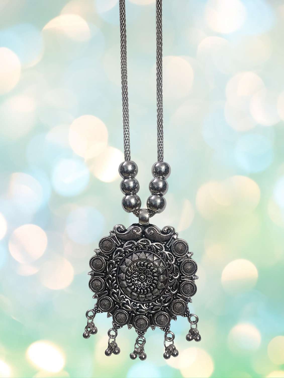 oxidised silver big pendant ethnic necklace chain jewellery for girls & women