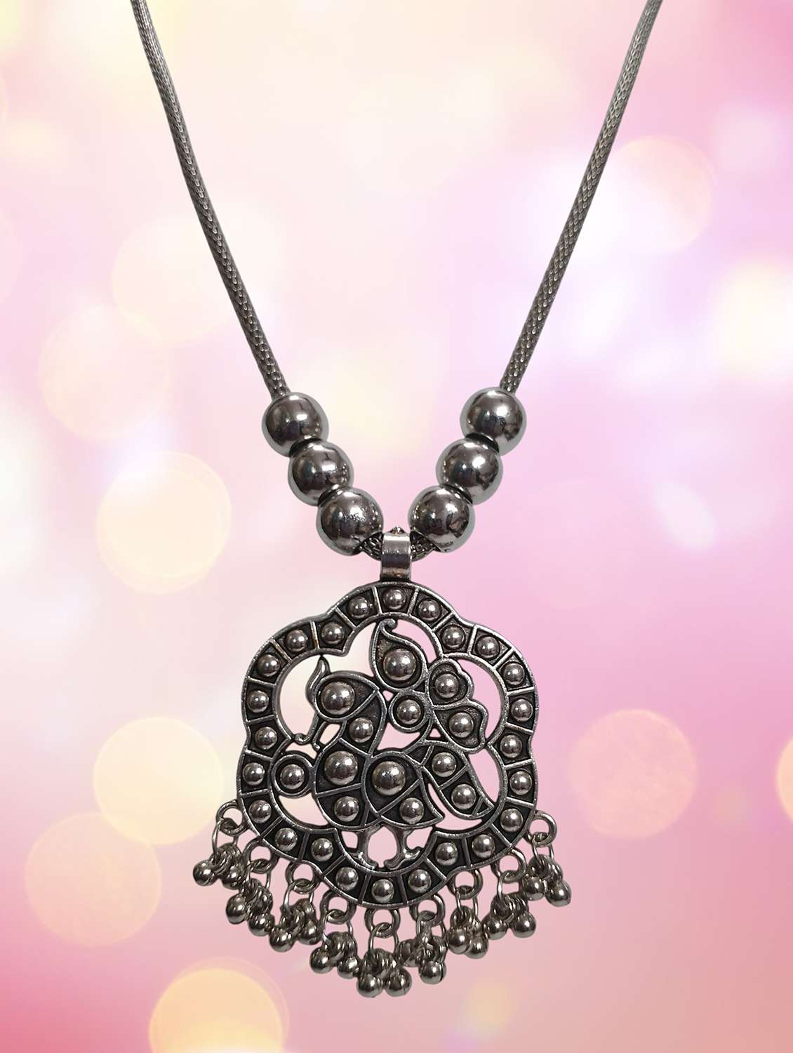 oxidised silver big pendant smart necklace chain jewellery for girls & women