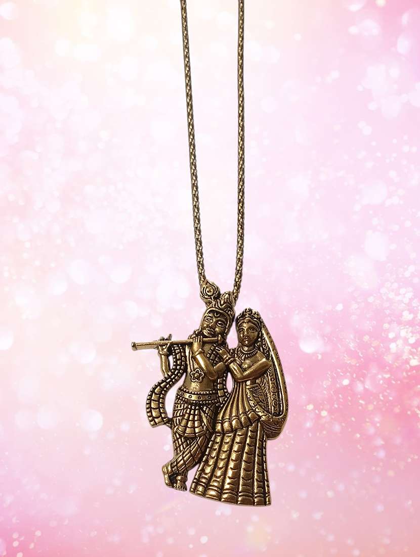 artificial oxidised golden radha krishna pendant necklace chain