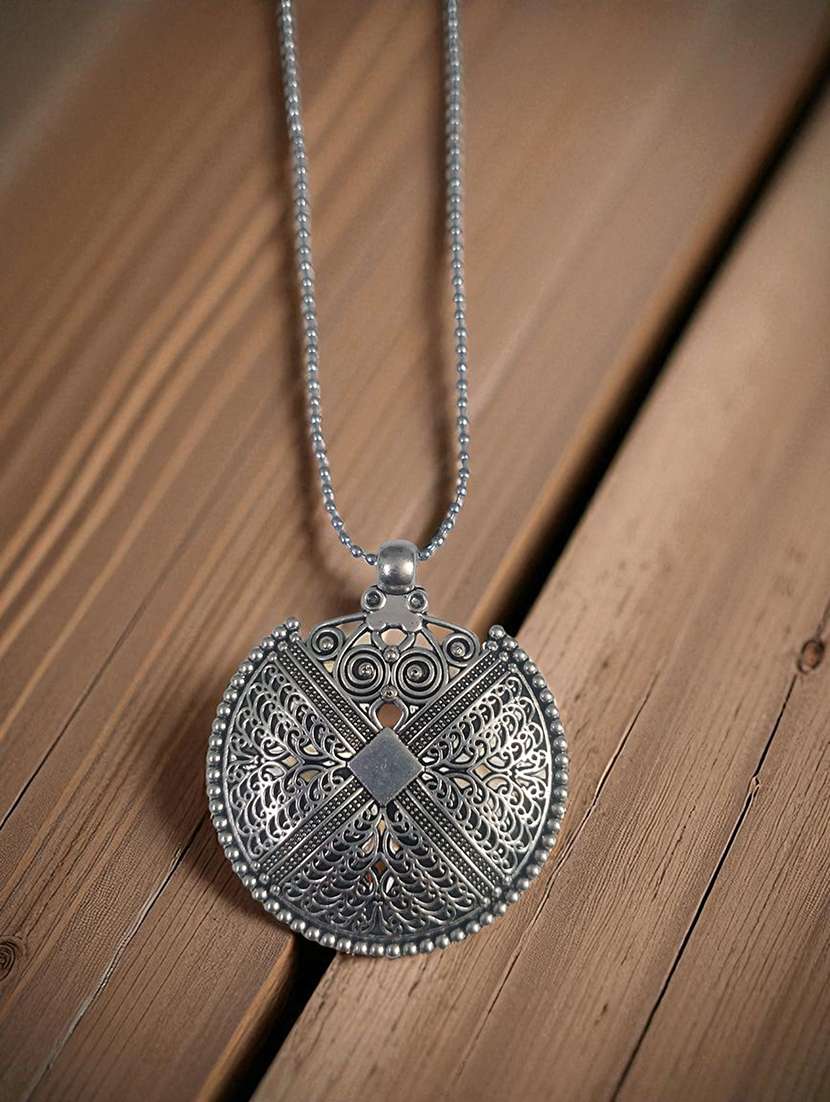 artificial oxidised silver big pendant necklace chain - antique statement jewellery