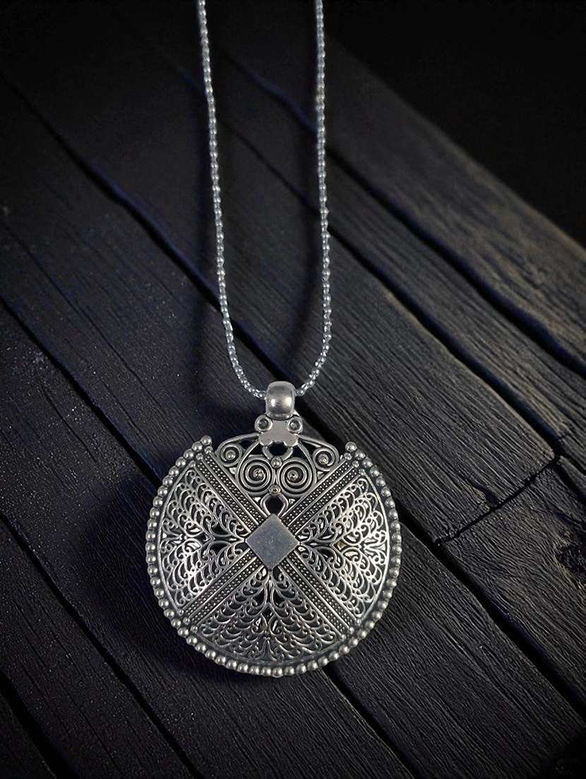 artificial oxidised silver big pendant necklace chain - antique statement jewellery - 22495435 -  Standard Image - 3