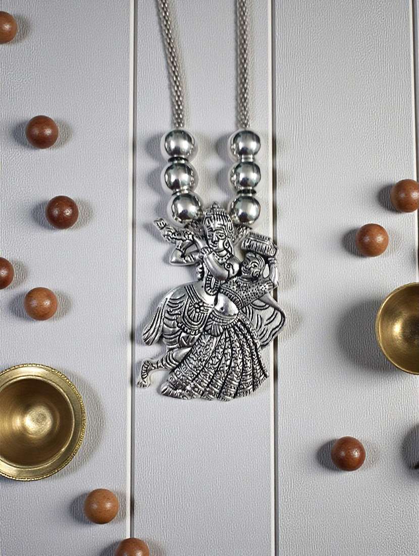 antique oxidised silver radha krishna pendant necklace chain - 22495437 -  Standard Image - 3