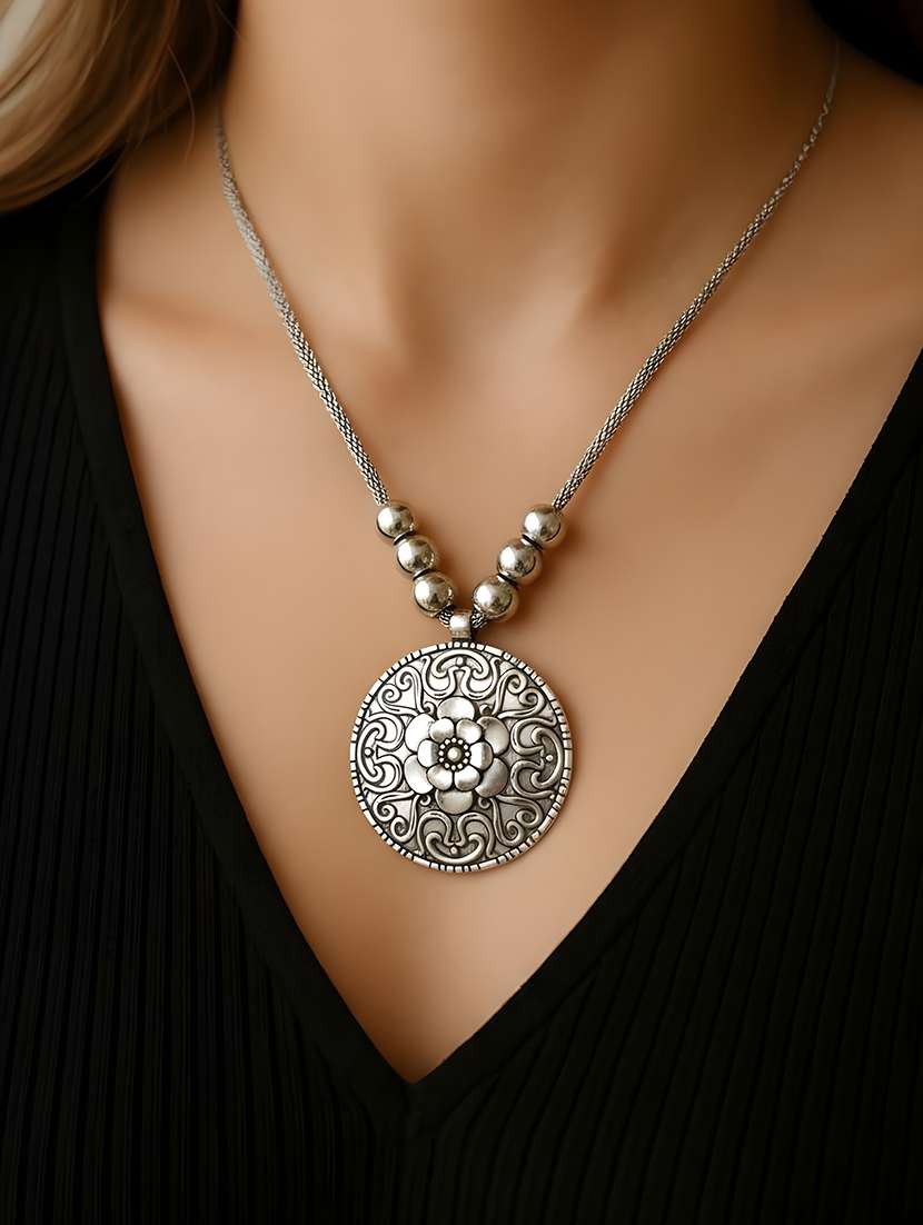 artificial oxidised silver big pendant necklace chain - 22495438 -  Standard Image - 3