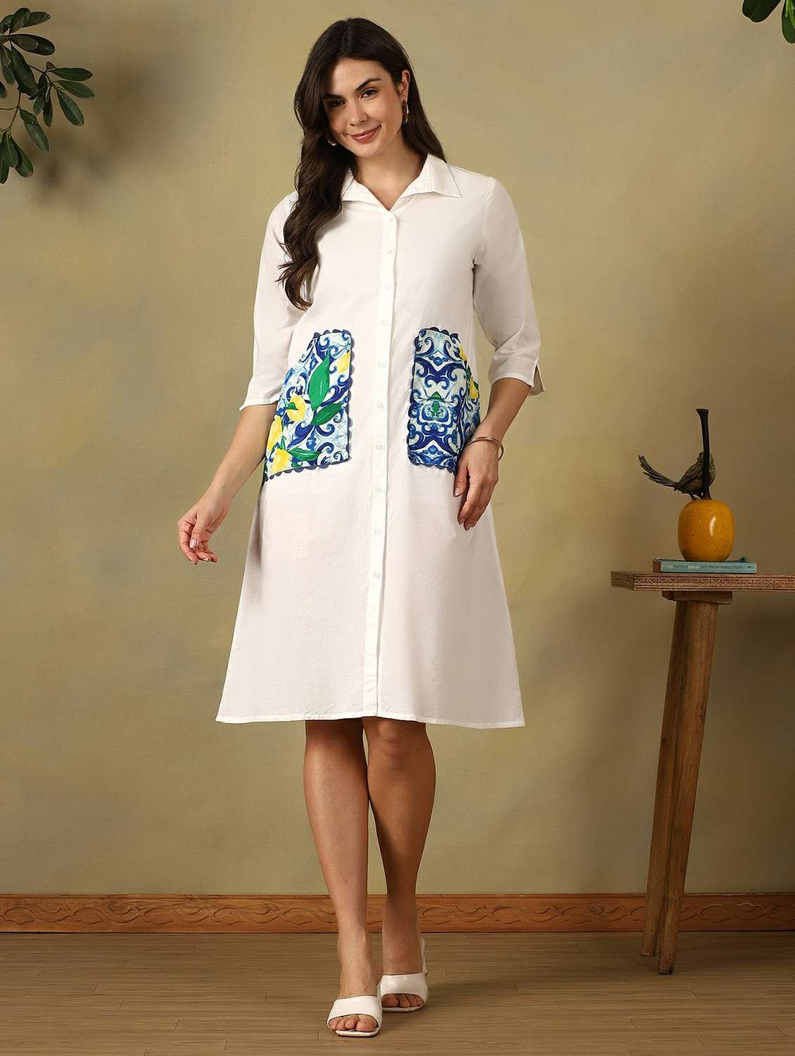women printed collared knee length shirt dress