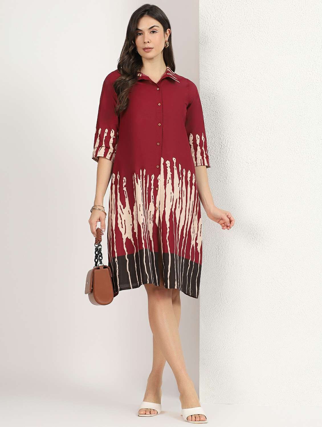women printed collared midi shirt dress