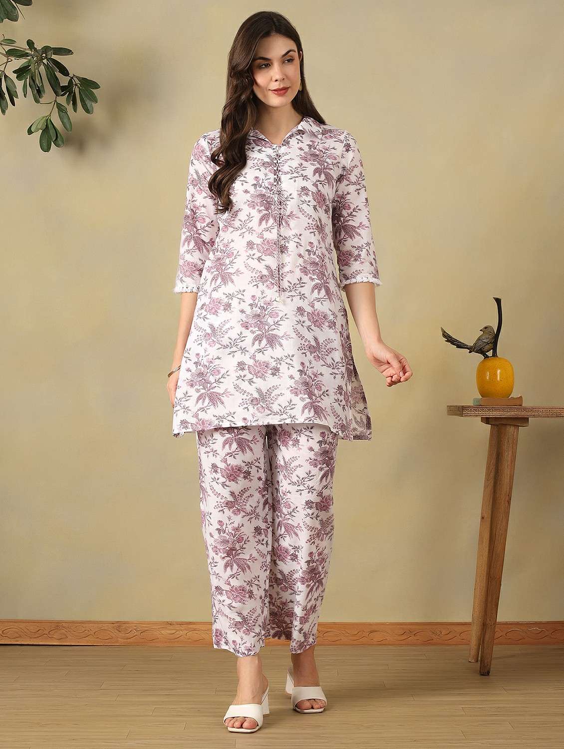 women printed three quarter sleeve ethnic co-ord set