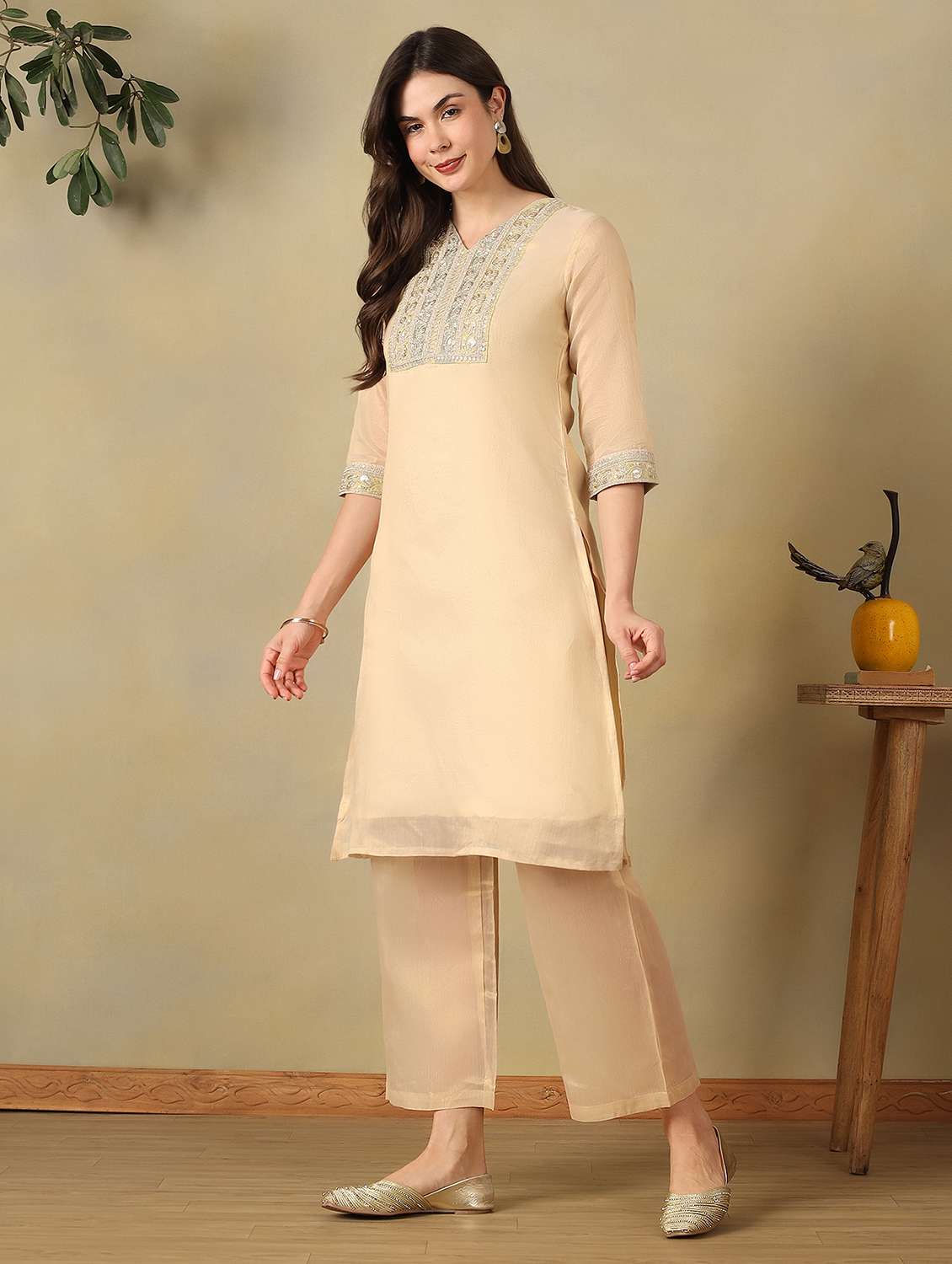 women embroidered three quarter sleeve kurta pant set - 22495548 -  Standard Image - 3