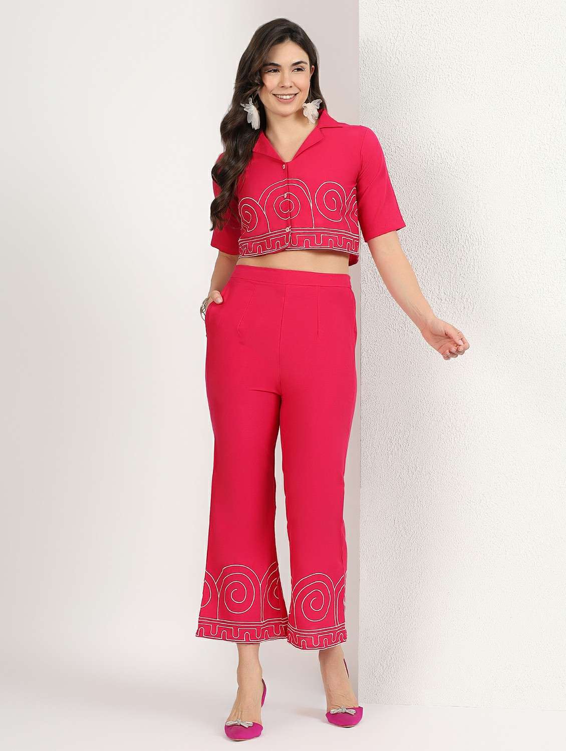 women embroidered short sleeves top and trouser co-ord set - 22495549 -  Standard Image - 3