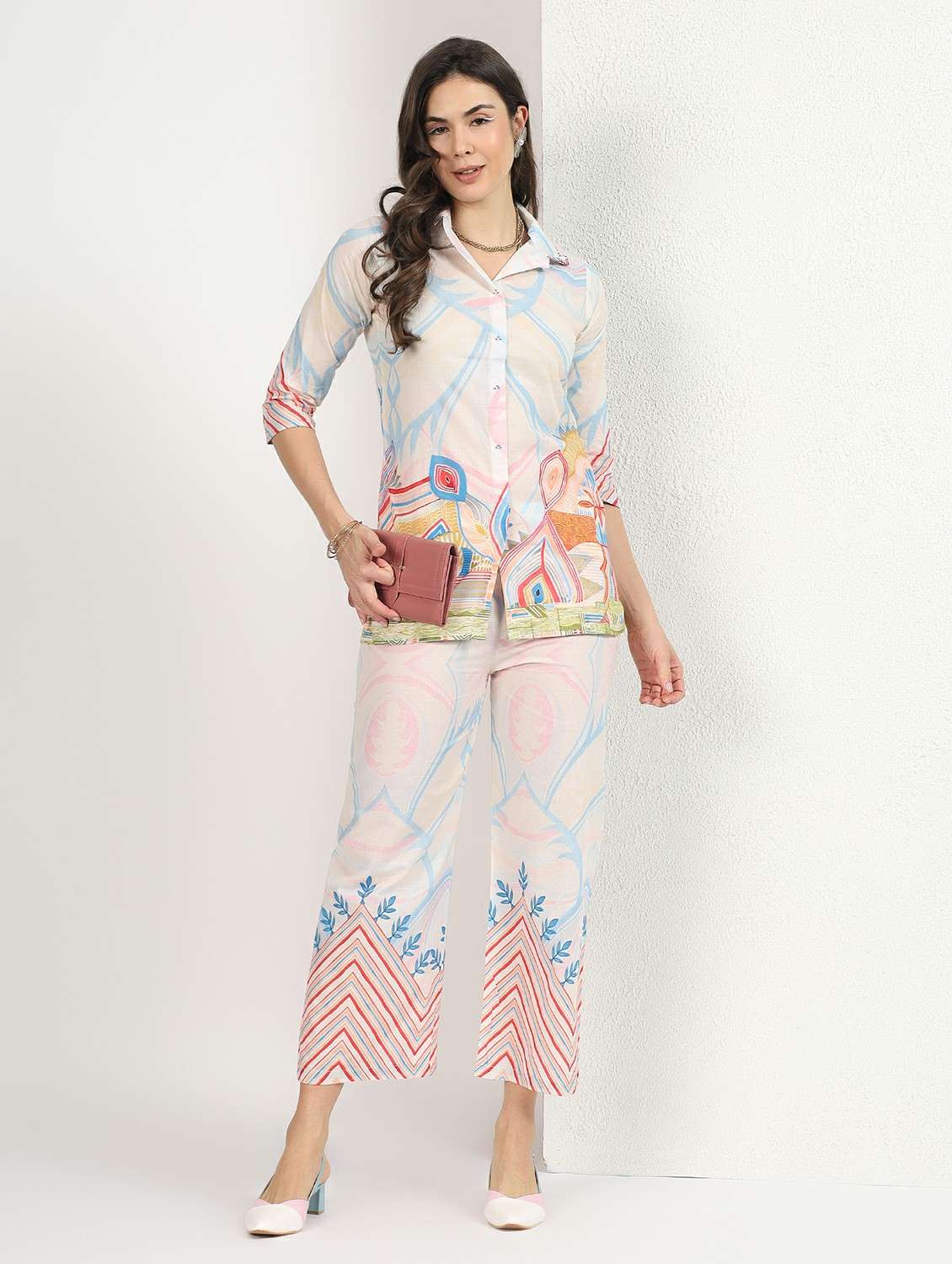 women printed collared top and trouser co-ord set