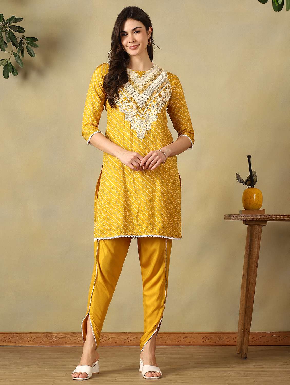 women printed three quarter sleeve dhoti kurta set