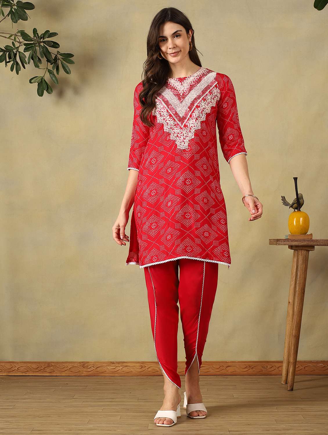 women printed three quarter sleeve dhoti kurta set