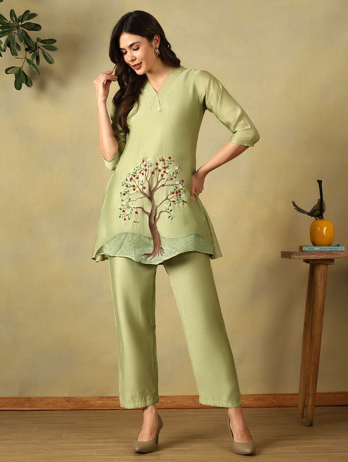 women embroidered three quarter sleeve ethnic co-ord set