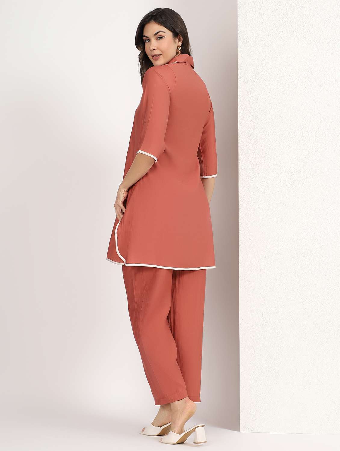 women embroidered collared top and trouser co-ord set - 22495558 -  Standard Image - 3
