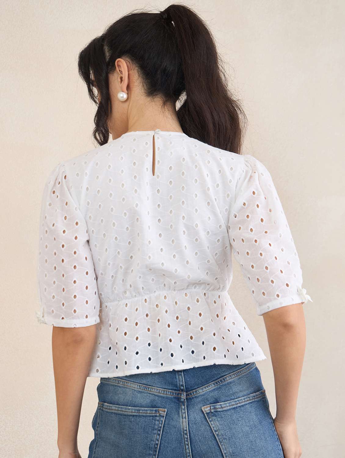 girls white schiffli cotton peplum top with puff sleeves - 22495983 -  Standard Image - 3