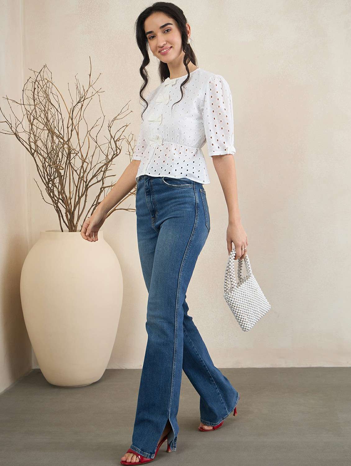 girls white schiffli cotton peplum top with puff sleeves - 22495983 -  Standard Image - 5