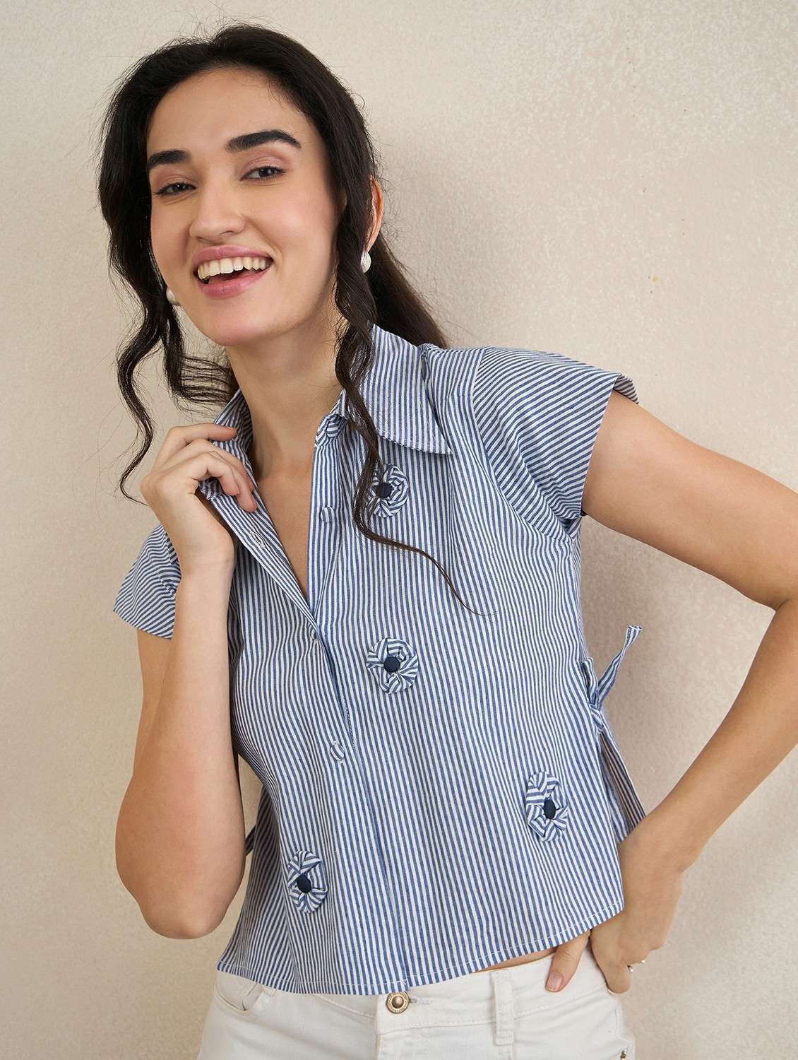 girls striped blue cotton shirt with floral applique and spread collar