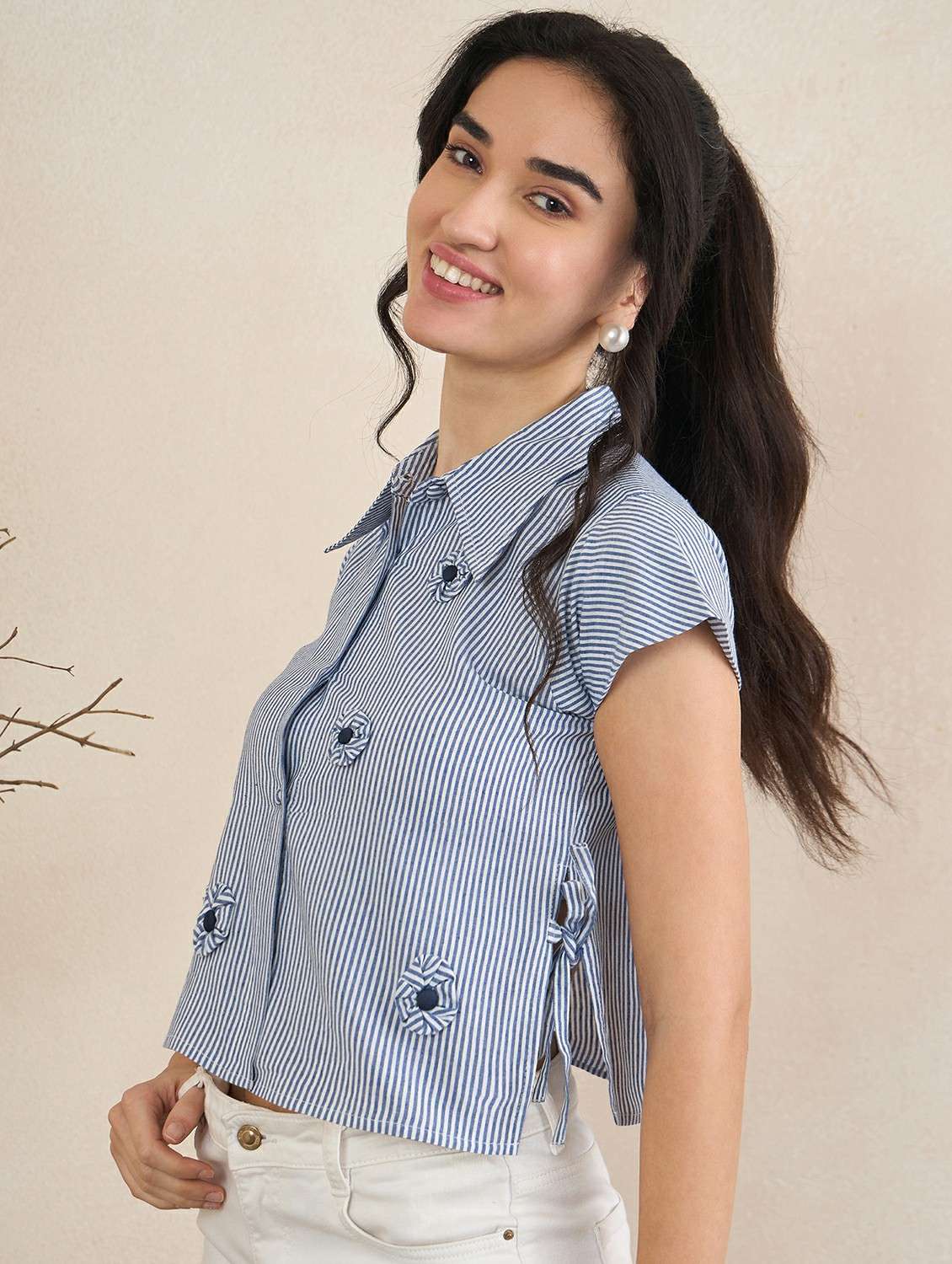 girls striped blue cotton shirt with floral applique and spread collar - 22495986 -  Standard Image - 3