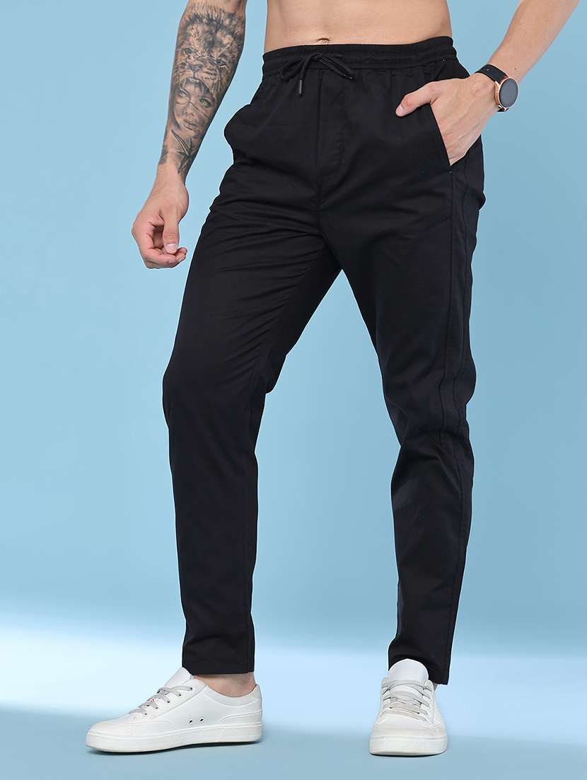 men solid mid rise flat front casual trouser