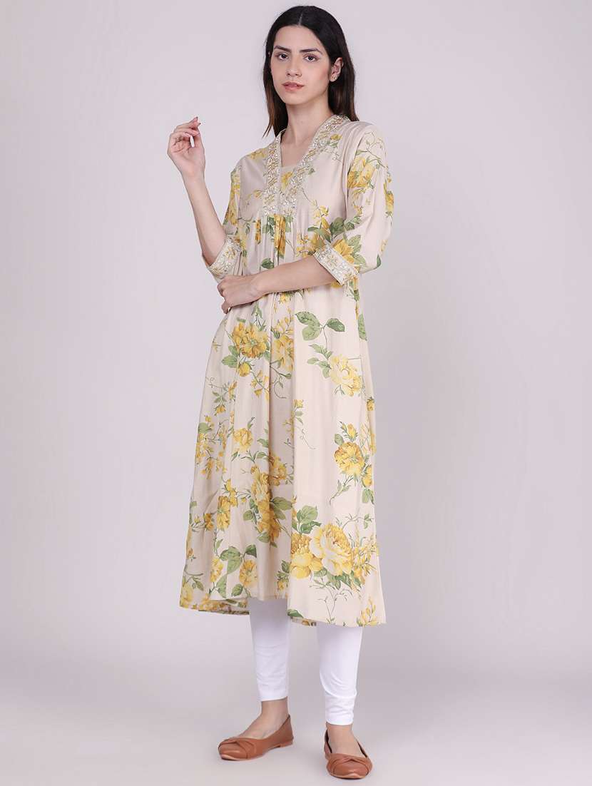 women printed three quarter sleeve a-line kurta