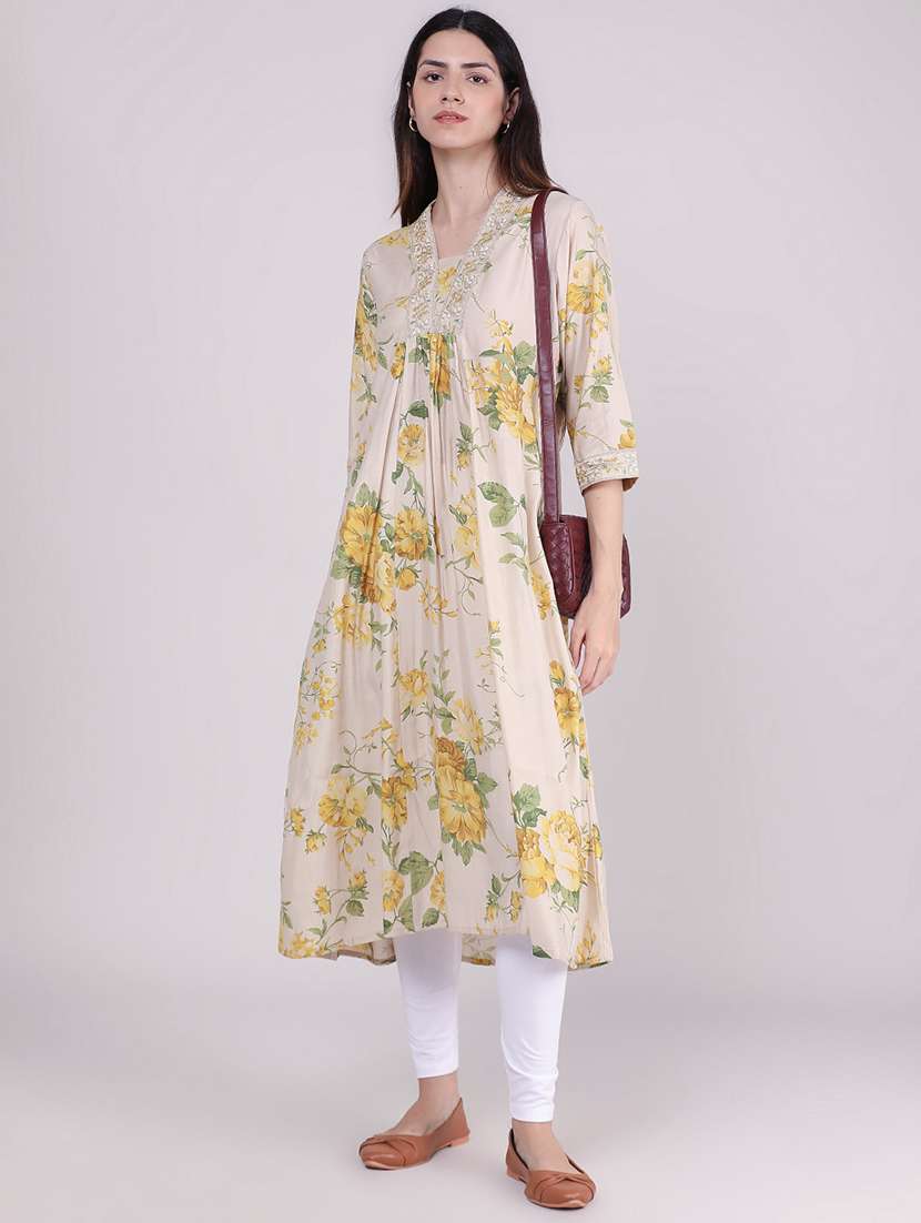 Women Printed Three Quarter Sleeve A-line Kurta - 22496293 -  Standard Image - 3