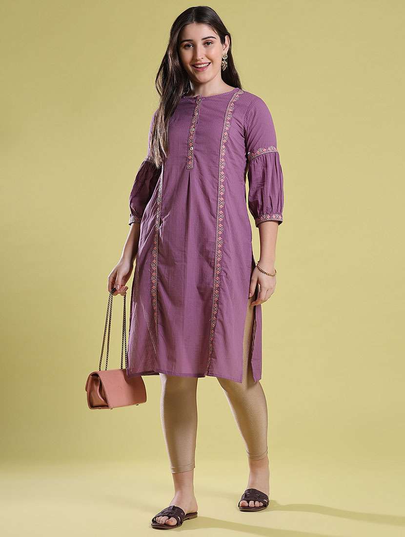 women embroidered three quarter sleeve a-line kurta 