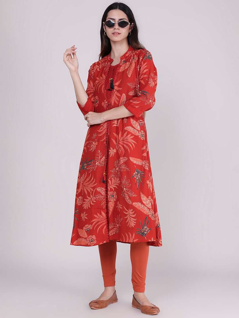 women printed three quarter sleeve kurta with jacket kurta
